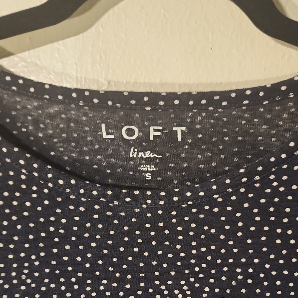 LOFT Dark Blue Linen Top With Dots Sz S
